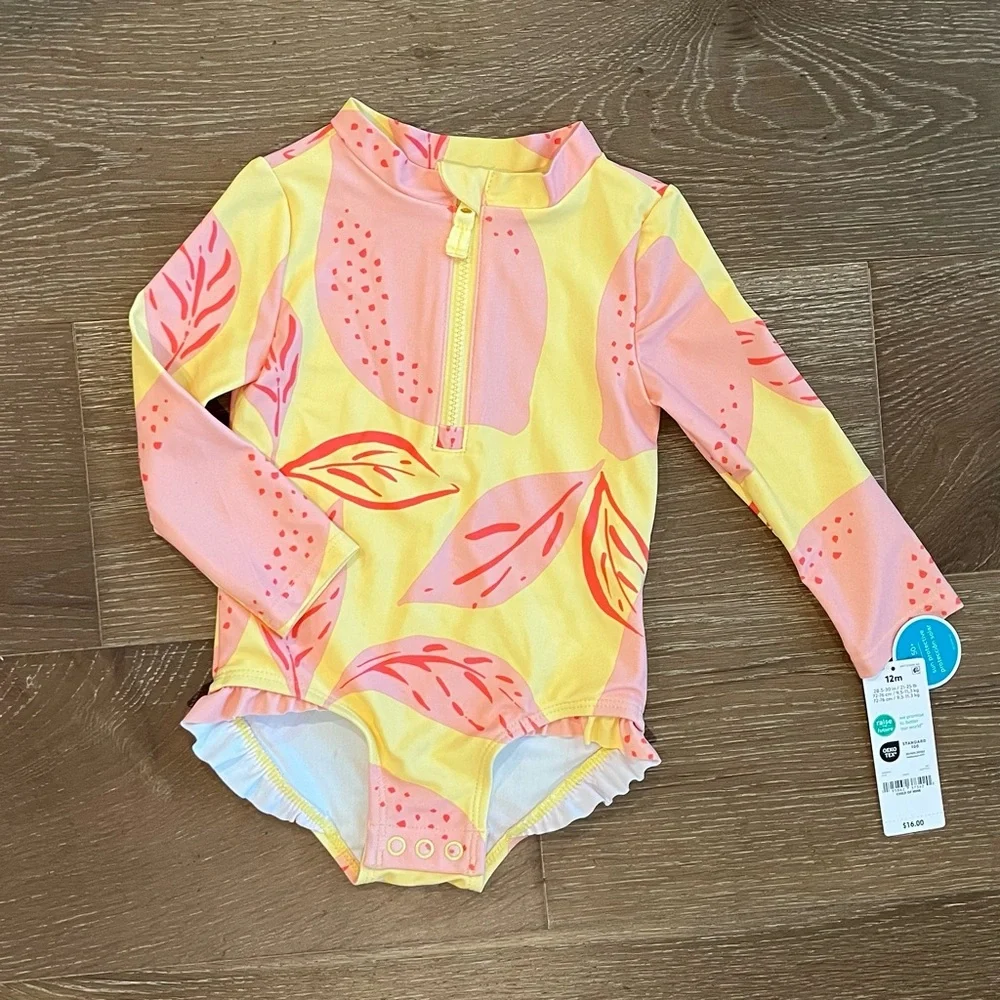 Carter's Baby Girl Ruffles Lemon Pink Yellow Rashguard Swimsuit Size 12 Months